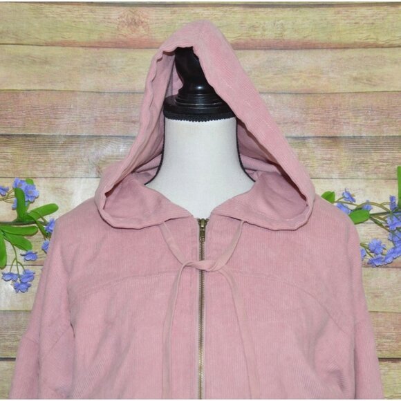 MINE Ladies Dusty Rose Pink Crop Corduroy Hooded Jacket Size L Full Zip Hoodie - Picture 2 of 12
